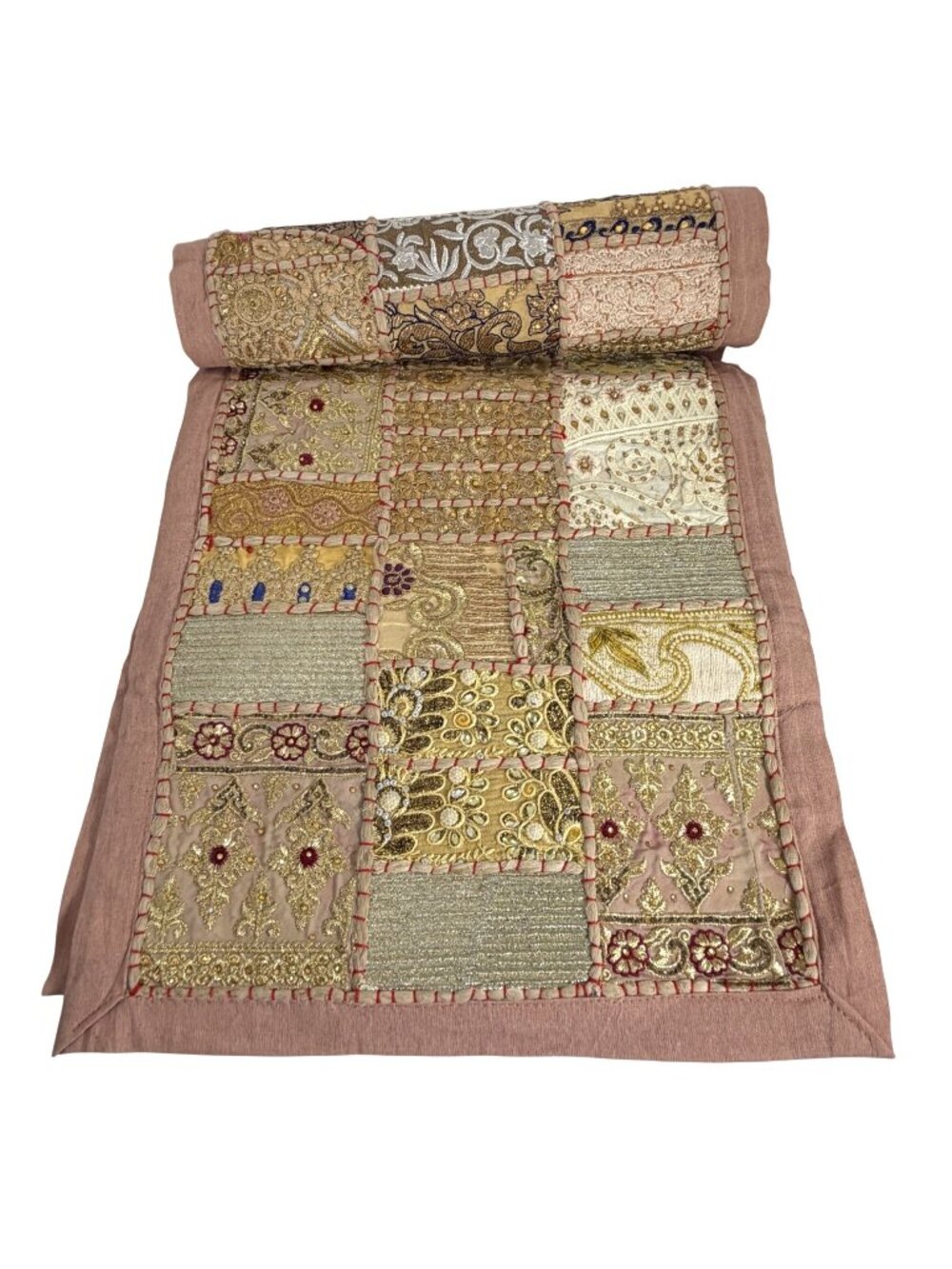 Patchwork Embroidered Table Runner Gold & Red Floral Bohemian Decor 72x16.5